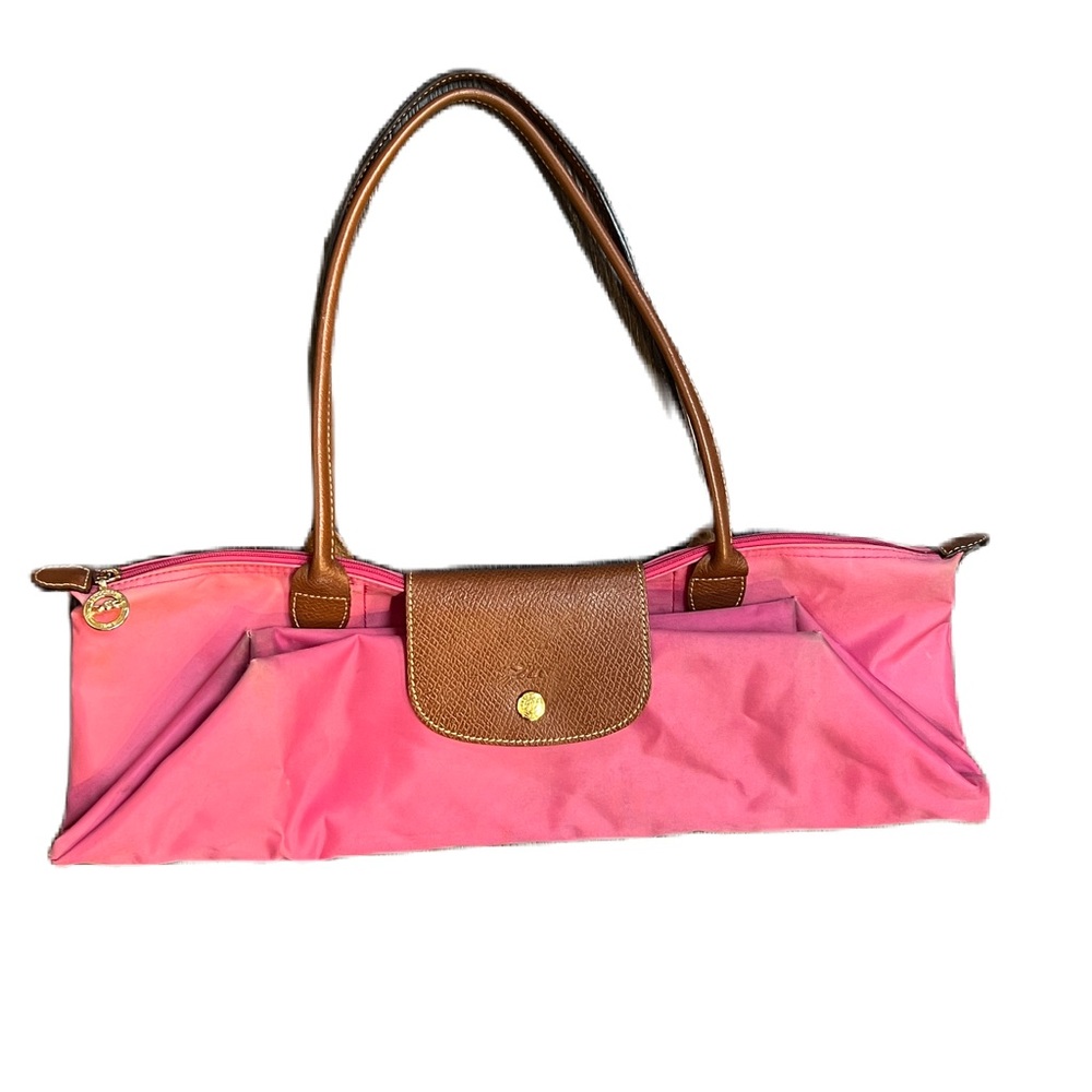 Longchamp Le Pliage Original tote, in pink nylon with brown leather trim. Used - Picture 9 of 14